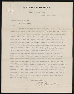 [Letter from David T. Bomar to Sayles & Sayles, January 8, 1909]