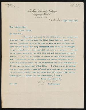 [Letter from A. G. Wood to Henry Sayles, September 22, 1909]