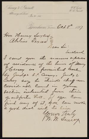 [Letter from W. W. Searcy to Henry Sayles, October 8, 1897]