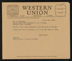 Primary view of object titled '[Telegram from Jack Sayles to F. F. Claunts, April 1, 1940]'.