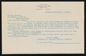 [Letter from Ballinger & Abilene Railway Company to Nap Foster and Annie B. Foster, December 29, 1906]