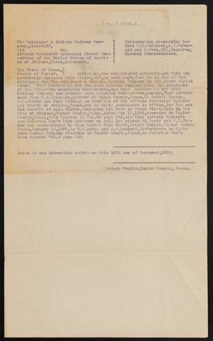 Primary view of object titled '[Affidavit Relating to Ballinger & Abilene Railway Company vs. African Methodist Episcopal Church Connection of the United States of America located at Abilene, Texas, December 12, 1908]'.