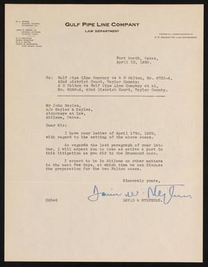 [Letter from David W. Stephens to John Sayles, April 18, 1929]