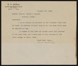 [Letter from H. N. McKellar to Sayles, Sayles & Sayles, January 9, 1912]