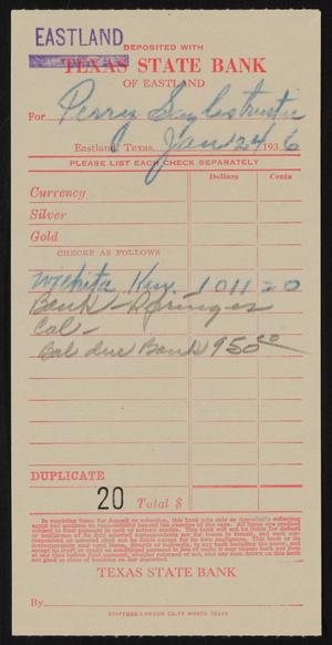 Primary view of object titled '[Deposit Slip: Perry Sayles, January 24, 1936]'.