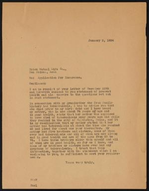 [Letter from Perry Sayles to Union Mutual Life Company, January 3, 1934]