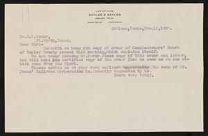 [Letter from Sayles & Sayles to D. T. Bomar, November 12, 1908]