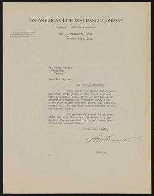 [Letter from H. W. Backes to Perry Sayles, October 31, 1934]