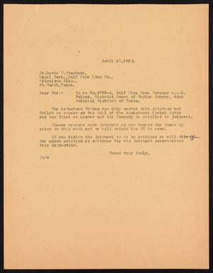 [Letter from John Sayles to David W. Stephens, APril 10, 1928]