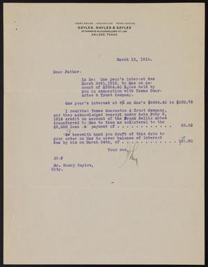 [Letter from John Sayles to Henry Sayles, March 18, 1916]