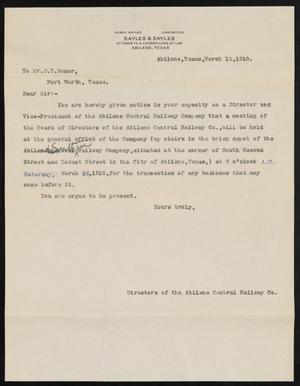 [Letter from Directors of the Abilene Central Railway Company to D. T. Bomar, March 15, 1910]
