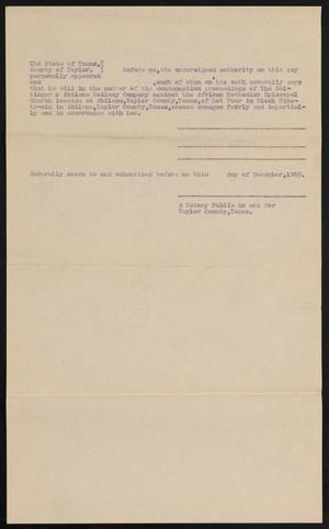 Primary view of object titled '[Affidavit in Ballinger & Abilene Railway Company vs. African Methodist Episcopal Church connection of the United States of America at Abilene, Texas]'.