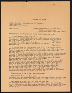 [Letter from John Sayles to Indian Territory Illuminating Oil Company, August 24, 1940]