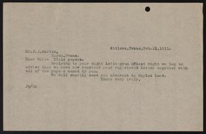 [Letter from John Sayles to J. A. Martin, February 21, 1911]