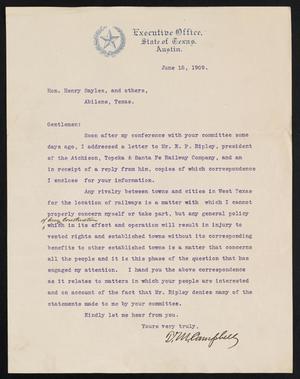Primary view of object titled '[Letter from T. M. Campbell to Henry Sayles, June 18, 1909]'.