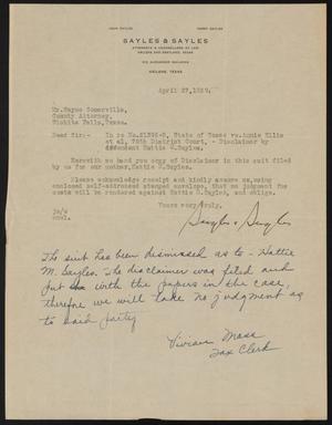 [Letter from Sayles and Sayles to Wayne Somerville, April 27, 1929]