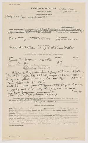 Primary view of object titled '[Final Opinion of Title Related to an Oil and Gas Lease from Frank M. Millar and Willie Lou Millar to Indian Territory Illuminating Oil Company]'.