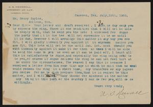 Primary view of object titled '[Letter from U. S. Hearrell to Henry Sayles, July 18, 1902]'.