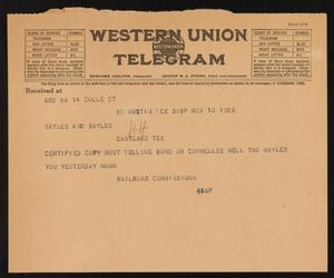 Primary view of object titled '[Telegram from the Railroad Commission to Sayles & Sayles, November 10, 1926]'.