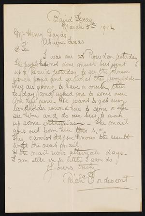 [Letter from Richard Cordwent to Henry Sayles, March 5, 1912]