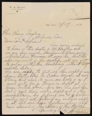 [Letter from T. A. Irvin to Henry Sayles, September 5, 1912]