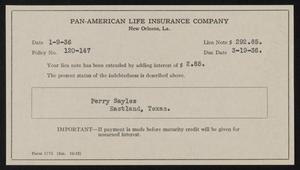[Lien Note From Pan-American Life Insurance Company to Perry Sayles, January 9, 1936]