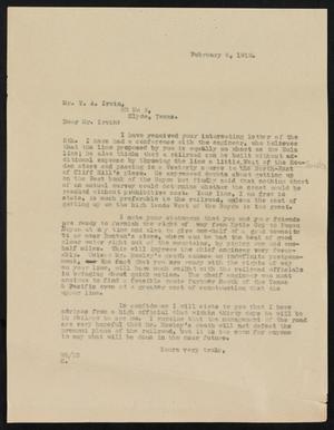 [Letter from Henry Sayles to T. A. Irvin, February 6, 1912]