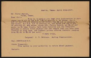 [Letter from J. T. Robison to Perry Sayles, April 23, 1907]