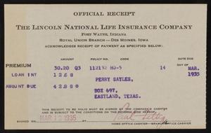 Primary view of object titled '[Receipt for Payment to the Lincoln National Life Insurance Company, March 13, 1935]'.