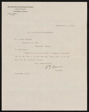 [Letter from David T. Bomar to Henry Sayles, September 1, 1909]