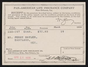 [Receipt for Payment to Pan-American Life Insurance Company, April 18, 1936]
