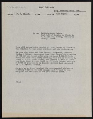 [Letter from Jack Sayles to F. F. Claunts, February 22, 1940]