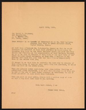 [Letter from John Sayles to David W. Stephens, April 29, 1930]