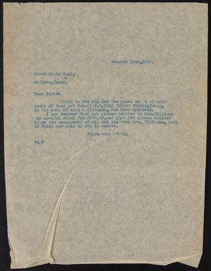 Primary view of object titled '[Letter from Perry Sayles to First State Bank, October 13, 1919]'.