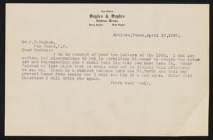 [Letter to F. W. Hughes, April 18, 1908]