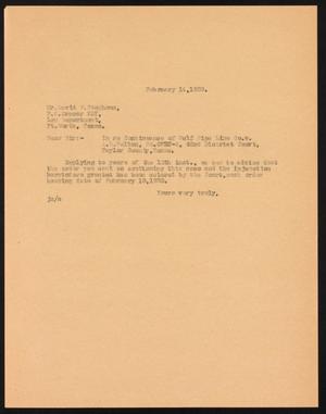 [Letter from John Sayles to David W. Stephens, February 14,1930]