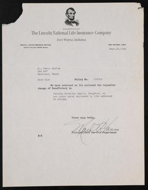 [Letter from The Lincoln National Life Insurance Company to Perry Sayles, September 10,1936]