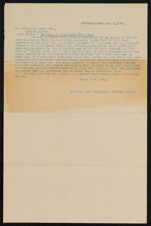 [Letter from Ballinger & Abilene Railway Company to Citizens Lumber Company, December 21, 1908]