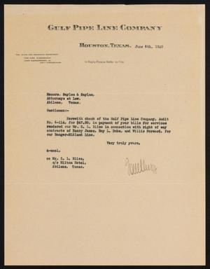 [Letter from Gulf Pipe Line Company to Sayles & Sayles, June 6,1929]