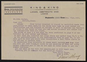 Primary view of object titled '[Letter from Don King to John Sayles, December 21, 1910]'.