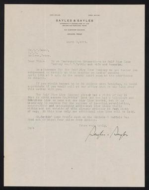 Primary view of [Letter from Sayles & Sayles to R. H. Baker, April 8, 1929]
