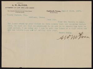 [Letter from A. W. McIver to Henry Sayles, August 21, 1897]