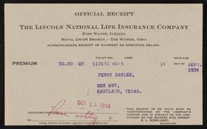 Primary view of object titled '[Receipt for Payment to the Lincoln National Life Insurance Company, October 15, 1934]'.
