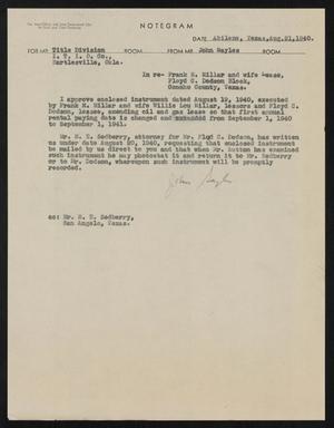 [Letter from John Sayles to Indian Territory Illuminating Oil Company, August 21, 1940]
