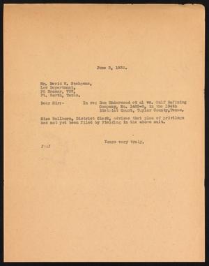 [Letter from John Sayles to David W. Stephens, June 3, 1932]