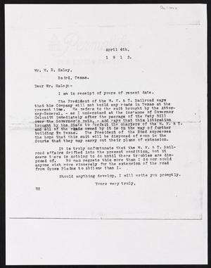 [Letter from Henry Sayles to M. R. Haley, April 4, 1913]