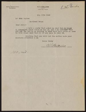 [Letter from H. A. Collins to John Sayles, May 30, 1925]