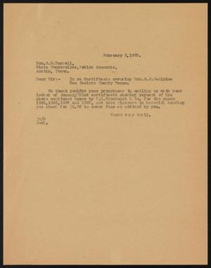 [Letter from John Sayles to S. H. Terrell, February 3, 1930]
