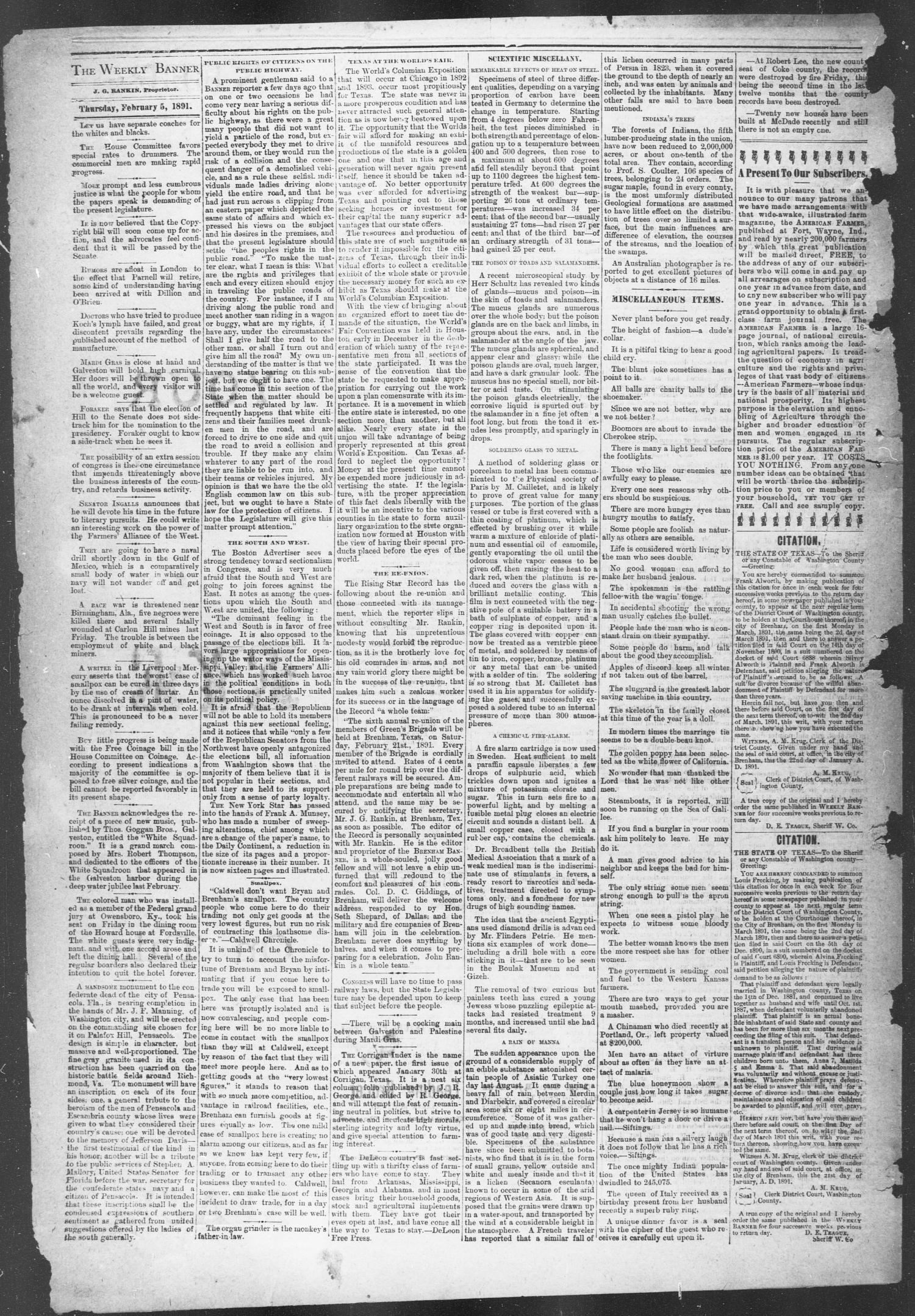 Brenham Weekly Banner. (Brenham, Tex.), Vol. 26, No. 6, Ed. 1, Thursday, February 5, 1891
                                                
                                                    [Sequence #]: 4 of 8
                                                