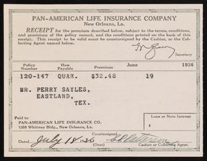 [Receipt for Payment to the Pan-American Life Insurance Company, July 18, 1936]